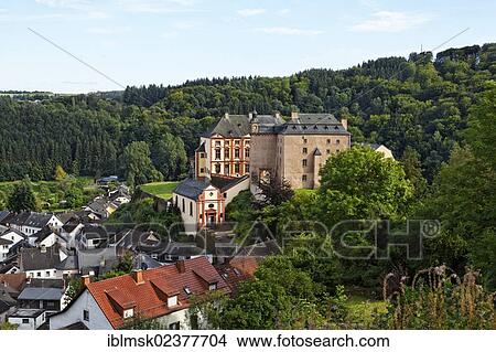 Picture - "Malberg Castle above the village of Malberg, Kyllburg, Rhineland-Palatinate, Eifel, Germany, Europe". Fotosearch