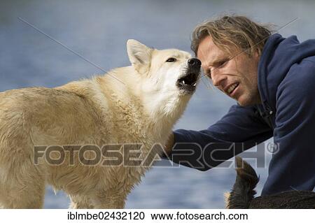 Stock Image - "Man and a barking dog, Berlin, Germany, Europe". Fotosearch