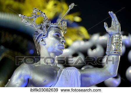 Stock Photo - "Man dressed as a statue, parade of the samba school Academicos do Salgueiro, Sambodromo, Rio de Janeiro, Brazil, South America". Fotosearch