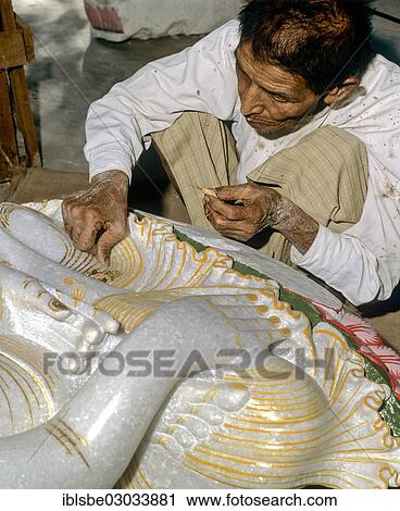 "Man gilding a marble Buddha statue, Mandalay, Mandalay Division, Myanmar, Burma, Asia" View Large Photo Image Stock Image - "Man gilding a marble Buddha statue, Mandalay, Mandalay Division, Myanmar, Burma, Asia". Fotosearch