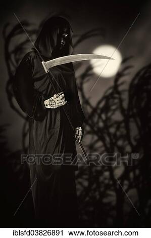 "Man in the costume of Death, Grim Reaper, holding a scythe, on a full moon night in front of a tree" View Large Photo Image Stock Image - "Man in the costume of Death, Grim Reaper, holding a scythe, on a full moon night in front of a tree". Fotosearch