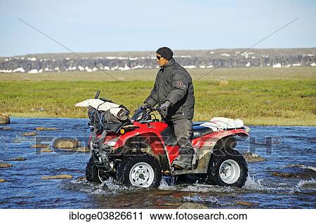 "Man of the Inuit people riding a quad bike, ATV, through a river in the tundra on Victoria Island, formerly Holman Island, village of Ulukhaktok, Northwest Territories, Canada, North America" View Large Photo Image Stock Image - "Man of the Inuit people riding a quad bike, ATV, through a river in the tundra on Victoria Island, formerly Holman Island, village of Ulukhaktok, Northwest Territories, Canada, North America". Fotosearch