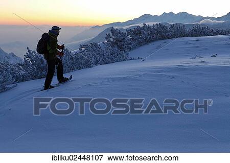"Man on a snowshoe tour on Torrener Joch pass, view towards the mountains of Grimming, Krippenstein and Plassen, Berchtesgadener Land, Bavaria, Germany, Europe" View Large Photo Image Stock Photo - "Man on a snowshoe tour on Torrener Joch pass, view towards the mountains of Grimming, Krippenstein and Plassen, Berchtesgadener Land, Bavaria, Germany, Europe". Fotosearch