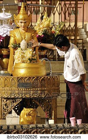 Stock Photograph - "Man pouring water over a Buddha statue, Buddhist ritual, Shwedagon Pagoda, Yangon, Yangon Region, Myanmar, Burma, Asia". Fotosearch