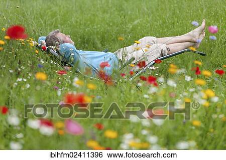 "Man relaxing while lying in a deck chair in a flower meadow, Hagen, Lower Saxony, Germany, Europe" View Large Photo Image Stock Photograph - "Man relaxing while lying in a deck chair in a flower meadow, Hagen, Lower Saxony, Germany, Europe". Fotosearch