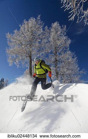Picture - "Man snowshoeing, snowshoe tour in Berchtesgaden National Park, Berchtesgadener Land, Bavaria, Germany, Europe". Fotosearch