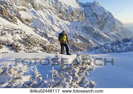 Stock Photo - "Man snowshoeing, snowshoe tour on Torrener Joch pass, border from Salzburg - Berchtesgaden, looking towards Hohes Brett mountain, Berchtesgadener Land, Bavaria, Germany, Europe". Fotosearch