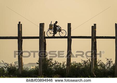 "Man with a bike walking on a teak bridge, U Bein Bridge across Thaungthaman Lake in the evening light, Amarapura, Mandalay Division, Myanmar, Asia" View Large Photo Image Stock Photograph - "Man with a bike walking on a teak bridge, U Bein Bridge across Thaungthaman Lake in the evening light, Amarapura, Mandalay Division, Myanmar, Asia". Fotosearch