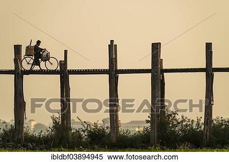 "Man with a bike walking on a teak bridge, U Bein Bridge across Thaungthaman Lake in the evening light, Amarapura, Mandalay Division, Myanmar, Asia" View Large Photo Image Stock Photography - "Man with a bike walking on a teak bridge, U Bein Bridge across Thaungthaman Lake in the evening light, Amarapura, Mandalay Division, Myanmar, Asia". Fotosearch