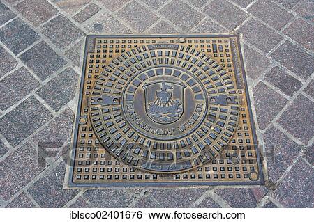Stock Photograph - "Manhole cover, Wismar, Mecklenburg-Western Pomerania, Germany, Europe". Fotosearch