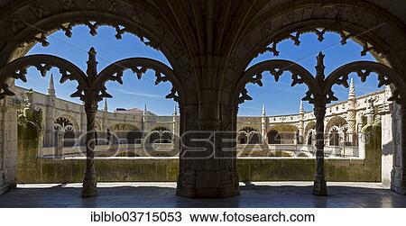 Stock Image - "Manueline cloister by Joao de Castilho, Mosteiro dos Jeronimos, Jeronimos Monastery, UNESCO World Cultural Heritage Site, Belem, Lisbon, Lisbon District, Portugal, Europe". Fotosearch