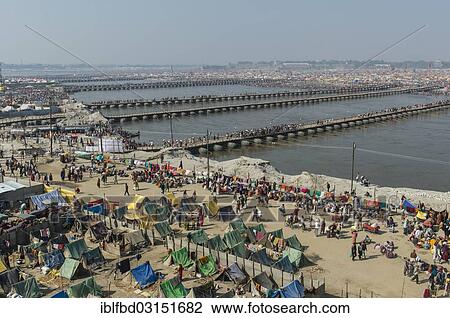 "Many pontoon bridges crossing the river Ganges at the Kumbha Mela grounds, Allahabad, Uttar Pradesh, India, Asia" View Large Photo Image Stock Image - "Many pontoon bridges crossing the river Ganges at the Kumbha Mela grounds, Allahabad, Uttar Pradesh, India, Asia". Fotosearch