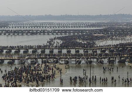 "Many pontoon bridges crossing the river Ganges at the Kumbha Mela grounds, Allahabad, Uttar Pradesh, India, Asia" View Large Photo Image Stock Photo - "Many pontoon bridges crossing the river Ganges at the Kumbha Mela grounds, Allahabad, Uttar Pradesh, India, Asia". Fotosearch