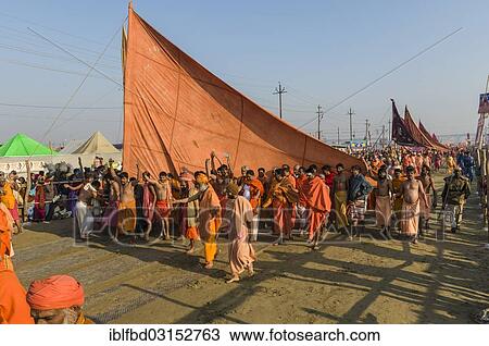 Stock Image - "Many sadhus, holy men, participating in the procession of Shahi Snan, the royal bath, during Kumbha Mela festival, Allahabad, Uttar Pradesh, India, Asia". Fotosearch