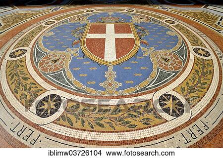 Picture - "Marble floor mosaic, coat of arms of Milan, luxury shopping arcade Galleria Vittorio Emanuele II, Milan, Lombardy, Italy, Europe". Fotosearch