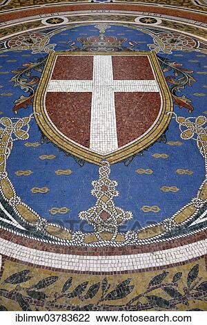 Stock Image - "Marble mosaic, city arms of Milan, luxury shopping arcade Galleria Vittorio Emanuele II, Milan, Lombardy, Italy, Europe". Fotosearch