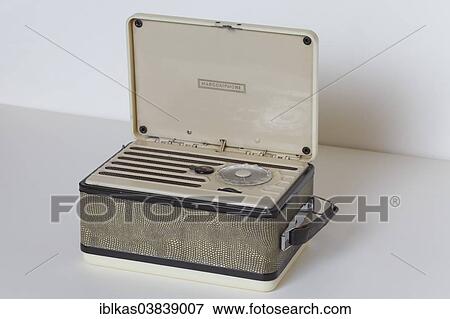 Stock Photo - "Marconiphone, model Personal K 12 P 20 B, battery powered portable radio from 1949, with imitation snakeskin, Radio Museum Duisburg, North Rhine-Westphalia, Germany, Europe". Fotosearch
