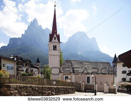 Stock Photo - "Mariahilfkirche church, Seis am Schlern or Siusi allo Sciliar, Schlern Massif or Sciliar Massif, Dolomites, South Tyrol, Italy, Europe". Fotosearch