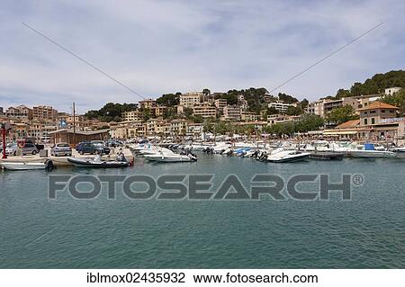 "Marina and promenade with typical fishing boats, Port de Soller, Soller, northwest coast of Mallorca, Balearic Islands, Mediterranean Sea, Spain, Europe" View Large Photo Image Stock Image - "Marina and promenade with typical fishing boats, Port de Soller, Soller, northwest coast of Mallorca, Balearic Islands, Mediterranean Sea, Spain, Europe". Fotosearch