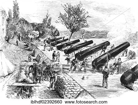 Stock Image - "Marine artillery battery at Saint-Quentin, France, historical scene from the Franco-Prussian War or Franco-German War, 1870-1871, between the French Empire and the Kingdom of Prussia, Europe". Fotosearch