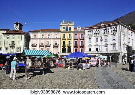 Stock Photograph - "Market on Piazza Grande square, Locarno, Ticino, Switzerland, Europe". Fotosearch