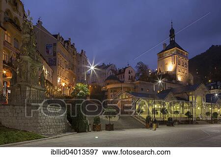 "Market Place, Market Colonnade, Castle Tower, Plague Column, at night, Karlovy Vary, Czech Republic, Europe" View Large Photo Image Stock Photo - "Market Place, Market Colonnade, Castle Tower, Plague Column, at night, Karlovy Vary, Czech Republic, Europe". Fotosearch