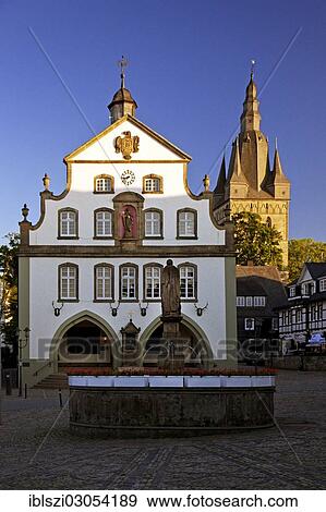 "Market square with the Petrus Fountain in front of the town hall and the Provost's Church of Saint Peter and Andrew, Brilon, Sauerland, North Rhine-Westphalia, Germany, Europe" View Large Photo Image Stock Photo - "Market square with the Petrus Fountain in front of the town hall and the Provost's Church of Saint Peter and Andrew, Brilon, Sauerland, North Rhine-Westphalia, Germany, Europe". Fotosearch