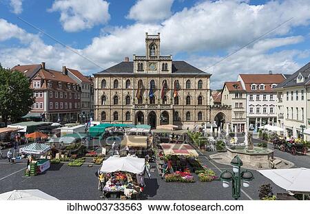 "Market square with weekly market, Town Hall at back, Weimar, Thuringia, Germany, Europe" View Large Photo Image Stock Image - "Market square with weekly market, Town Hall at back, Weimar, Thuringia, Germany, Europe". Fotosearch