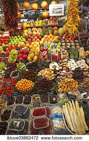 "Market stall selling exotic fruits, fruit, mushrooms and vegetables, old market halls, Mercat de La Boqueria, also Mercat de Sant Josep, La Rambla, Barcelona, ​​Catalonia, Spain, Europe" View Large Photo Image Stock Image - "Market stall selling exotic fruits, fruit, mushrooms and vegetables, old market halls, Mercat de La Boqueria, also Mercat de Sant Josep, La Rambla, Barcelona, ​​Catalonia, Spain, Europe". Fotosearch