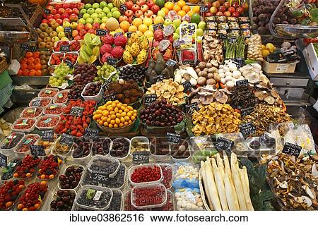 "Market stall selling exotic fruits, fruit, mushrooms and vegetables, old market halls, Mercat de La Boqueria, also Mercat de Sant Josep, La Rambla, Barcelona, ​​Catalonia, Spain, Europe" View Large Photo Image Stock Photograph - "Market stall selling exotic fruits, fruit, mushrooms and vegetables, old market halls, Mercat de La Boqueria, also Mercat de Sant Josep, La Rambla, Barcelona, ​​Catalonia, Spain, Europe". Fotosearch