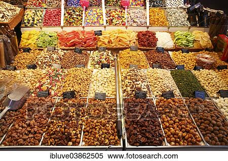 "Market stall selling nuts and sweets, old market halls, Mercat de La Boqueria, also Mercat de Sant Josep, La Rambla, Barcelona, ​​Catalonia, Spain, Europe" View Large Photo Image Stock Photography - "Market stall selling nuts and sweets, old market halls, Mercat de La Boqueria, also Mercat de Sant Josep, La Rambla, Barcelona, ​​Catalonia, Spain, Europe". Fotosearch