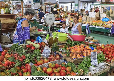 "Market stall with fruit and vegetables in the market hall of Sanremo, Liguria, Italy, Europe" View Large Photo Image Stock Photo - "Market stall with fruit and vegetables in the market hall of Sanremo, Liguria, Italy, Europe". Fotosearch