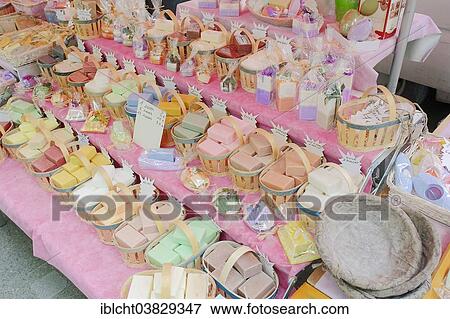 Stock Photo - "Market stall with various soaps, Bedoin, Vaucluse, Provence-Alpes-Cote d'Azur, Southern France, France, Europe". Fotosearch