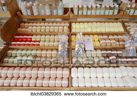 Stock Photography - "Market stall with various soaps, Bedoin, Vaucluse, Provence-Alpes-Cote d'Azur, Southern France, France, Europe". Fotosearch