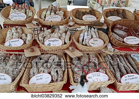 "Market stall with various types of dried meat, Bedoin, Vaucluse, Provence-Alpes-Cote d'Azur, Southern France, France, Europe" View Large Photo Image Stock Image - "Market stall with various types of dried meat, Bedoin, Vaucluse, Provence-Alpes-Cote d'Azur, Southern France, France, Europe". Fotosearch