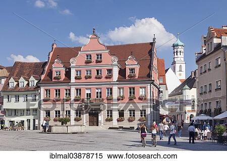 Stock Photography - "Marketplace with Grosszunft and Kreuzherrenkirche, Memmingen, Lower Allgau, Swabia, Bavaria, Germany, Europe". Fotosearch
