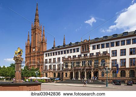 "Marktbrunnen fountain, neo-Gothic Marktkirche church, New Town Hall, Schlossplatz square, Wiesbaden, Hesse, Germany, Europe" View Large Photo Image Stock Photograph - "Marktbrunnen fountain, neo-Gothic Marktkirche church, New Town Hall, Schlossplatz square, Wiesbaden, Hesse, Germany, Europe". Fotosearch
