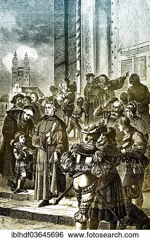 Stock Photograph - "Martin Luther hammering his 95 theses to the door of the Castle Church in Wittenberg, 1483-1546, from """"The Rise of the Dutch Republic"""", 1880". Fotosearch