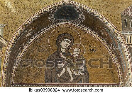 "Mary with the Baby Jesus, Byzantine gold ground mosaics, Cathedral of Santa Maria Nuova, Monreale Cathedral, Monreale, Province of Palermo, Sicily, Italy, Europe" View Large Photo Image Picture - "Mary with the Baby Jesus, Byzantine gold ground mosaics, Cathedral of Santa Maria Nuova, Monreale Cathedral, Monreale, Province of Palermo, Sicily, Italy, Europe". Fotosearch