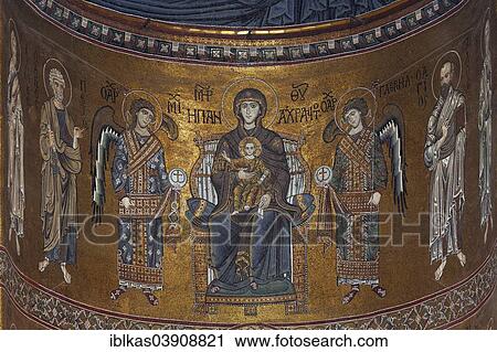 Stock Image - "Mary with the Baby Jesus, Byzantine gold ground mosaics, Cathedral of Santa Maria Nuova, Monreale Cathedral, Monreale, Province of Palermo, Sicily, Italy, Europe". Fotosearch