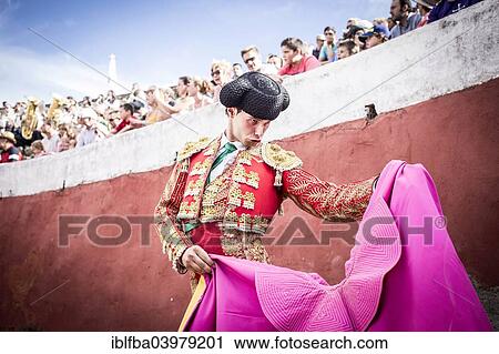 Stock Image - "Matador in the arena performing a Veronica manouvre, bullfight, Barco de Avila, Avila, Castile and Leon, Spain, Europe". Fotosearch