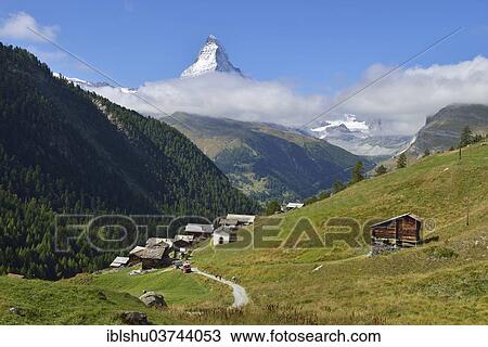 Stock Image - "Matterhorn with Findeln village in the foreground, Zermatt, Valais, Switzerland, Europe". Fotosearch