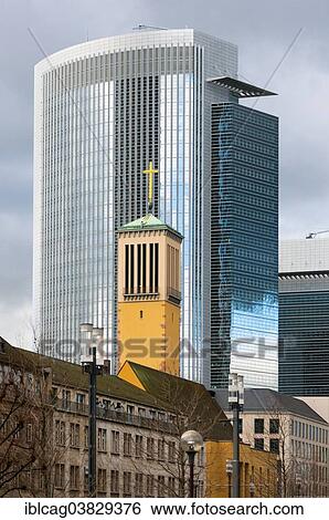 Stock Photograph - "Matthauskirche church, the Pollux tower at the back, city centre, Frankfurt am Main, Hesse, Germany, Europe". Fotosearch
