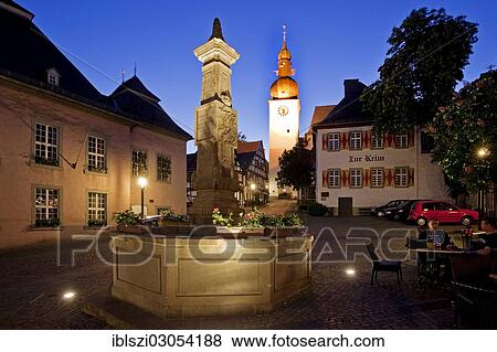 "Maximilian Fountain in Alter Markt square with the old town hall and the bell tower at dusk, Arnsberg, Sauerland, North Rhine-Westphalia, Germany, Europe" View Large Photo Image Stock Photo - "Maximilian Fountain in Alter Markt square with the old town hall and the bell tower at dusk, Arnsberg, Sauerland, North Rhine-Westphalia, Germany, Europe". Fotosearch