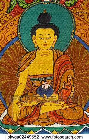 "Medicine Buddha, Shakyamuni, holding the panacea """"Myrobalan"""", representation on a thangka, scroll painting of Tantric Buddhism, meditation, mandala" View Large Photo Image Stock Image - "Medicine Buddha, Shakyamuni, holding the panacea """"Myrobalan"""", representation on a thangka, scroll painting of Tantric Buddhism, meditation, mandala". Fotosearch