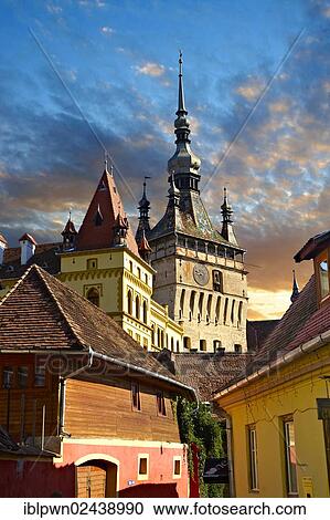 Stock Image - "Medieval clock tower and gate of Sighisoara, Saxon fortified medieval citadel, Transylvania, Romania, Europe". Fotosearch