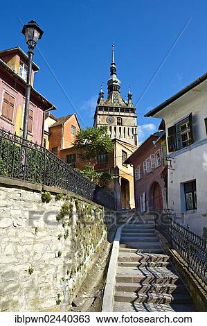 Stock Image - "Medieval clock tower and gate of Sighisoara, Saxon fortified medieval citadel, Transylvania, Romania, Europe". Fotosearch