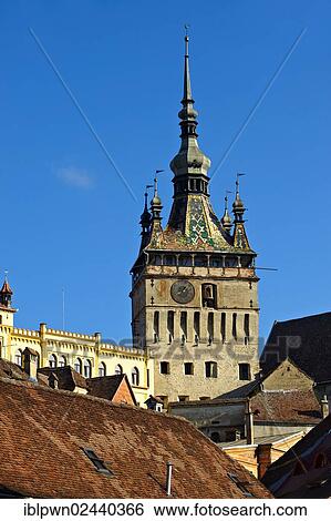Stock Photograph - "Medieval clock tower and gate of Sighisoara, Saxon fortified medieval citadel, Transylvania, Romania, Europe". Fotosearch