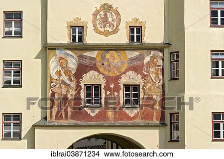 "Medieval fresco with guardians in armour holding the Bavarian and Wasserburger standards below Jupiter on an eagle, Brucktor, Bridge Gate, Wasserburg am Inn, Upper Bavaria, Bavaria, Germany, Europe" View Large Photo Image Picture - "Medieval fresco with guardians in armour holding the Bavarian and Wasserburger standards below Jupiter on an eagle, Brucktor, Bridge Gate, Wasserburg am Inn, Upper Bavaria, Bavaria, Germany, Europe". Fotosearch