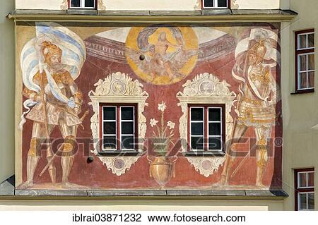 "Medieval fresco with guardians in armour holding the Bavarian and Wasserburger standards below Jupiter on an eagle, Brucktor, Bridge Gate, Wasserburg am Inn, Upper Bavaria, Bavaria, Germany, Europe" View Large Photo Image Stock Image - "Medieval fresco with guardians in armour holding the Bavarian and Wasserburger standards below Jupiter on an eagle, Brucktor, Bridge Gate, Wasserburg am Inn, Upper Bavaria, Bavaria, Germany, Europe". Fotosearch